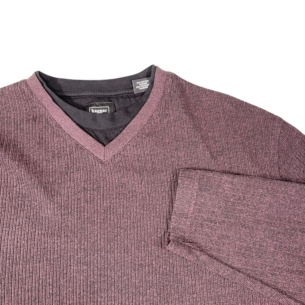Haggar L Large Burgundy V-Neck Pullover Layered Ribbed Knit Dark Academia